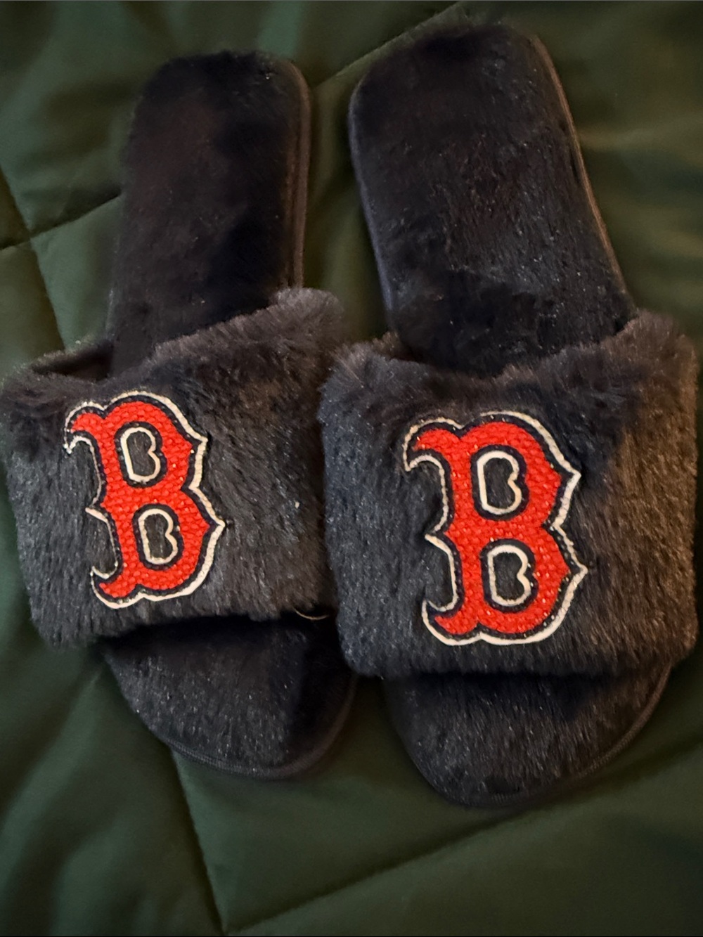 Faux-Fur Slide Loafers with Red 'B' Patch - Black